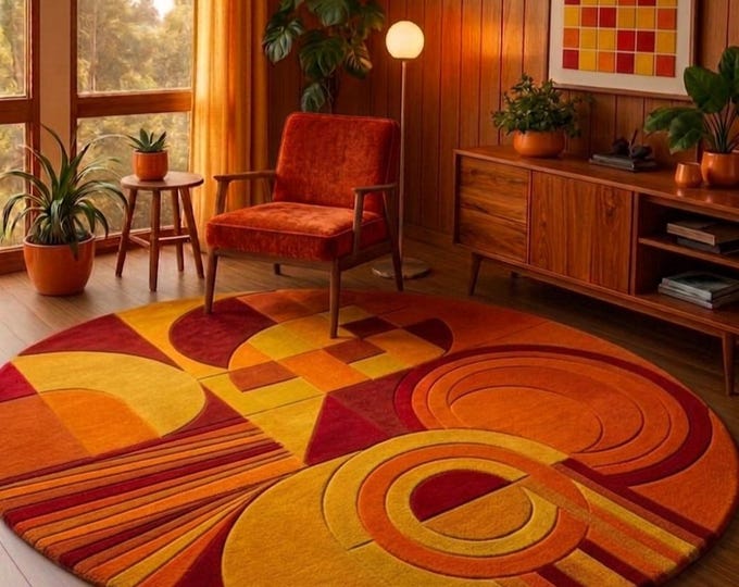 Mid-Century Modern Geometric Wool Rug – Round Hand-Tufted 70s Retro Circle Carpet