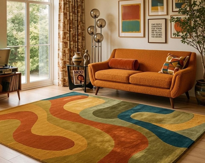 Hand-Tufted Wool Rug | Mid-Century Modern Abstract Geometric Carpet, Artistic Retro Home Decor | Custom  Living Room, Bedroom & Office