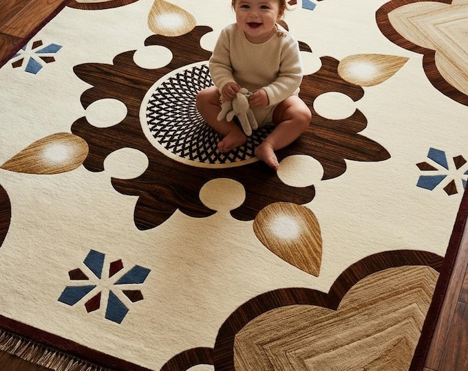 Handmade Modern Boho Area Rug - Mid-Century Floral Sunburst Wool Carpet -Large Neutral Cream & Brown Rug for Living Room Bedroom Floor Decor
