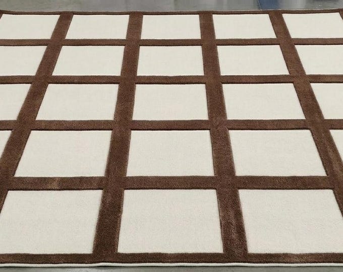 Luxury Hand-Tufted Wool Rug: Royal Check Pattern  Pink White Brown Abstract Carpet