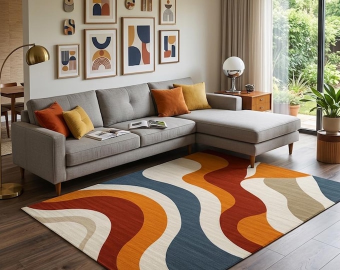 Mid-Century Modern Retro Area Rug - 70s Style Wavy Abstract Carpet for Living Room - Burnt Orange, Navy Blue & Mustard Boho Decor