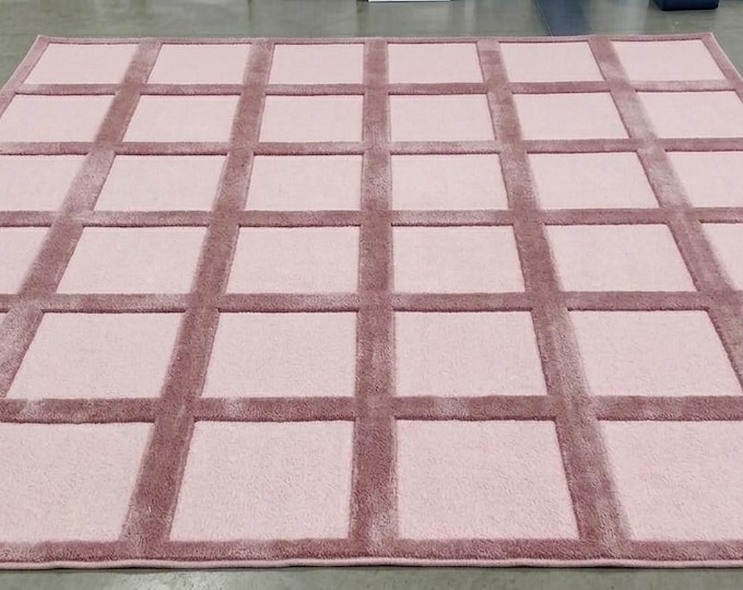 Luxury Hand-Tufted Wool Rug: Royal Check Pattern  Pink White Brown Abstract Carpet