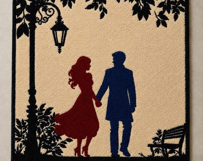 Couple Silhouette Punch Needle Rug, Romantic Wall Hanging, Tufted Street Lamp Art, Anniversary Gift for Couple, Handmade Bedroom Decor,