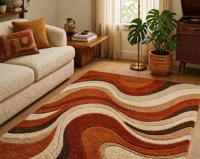 Retro Wavy Shag Rug – Burnt Orange, Mustard Groovy Plush Carpet
