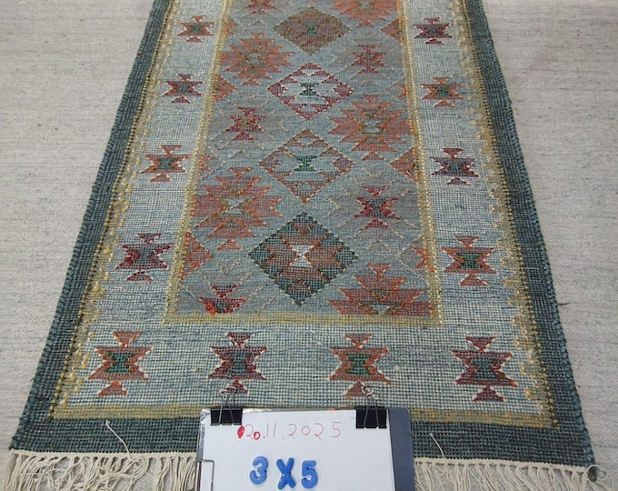 Handwoven Wool Kilim Rug 4x6, Colorful Geometric Indian Dhurrie, Navy Blue Boho Area Rug, Flatweave Tribal Carpet for Living Room, Bedroom