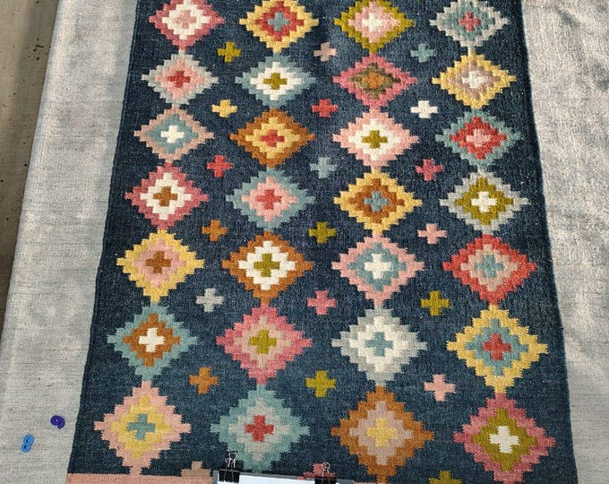 Handwoven Wool Kilim Rug 4x6, Colorful Geometric Indian Dhurrie, Navy Blue Boho Area Rug, Flatweave Tribal Carpet for Living Room, Bedroom