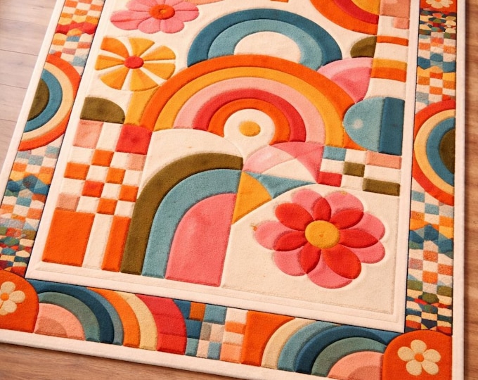 Retro Geometric Shag Rug – Mid Century Wool Area Carpet, Funky & Kid  Home Decor