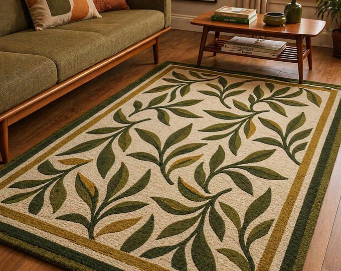 Mid Century Modern Botanical Wool Rug – Olive Green Mustard Leaf Pattern Area Carpet
