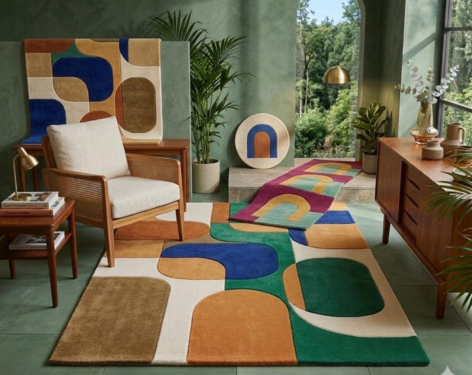 Hand-Tufted Wool Rug | Mid-Century Modern Abstract Geometric Carpet, Artistic Retro Home Decor | Custom  Living Room, Bedroom & Office