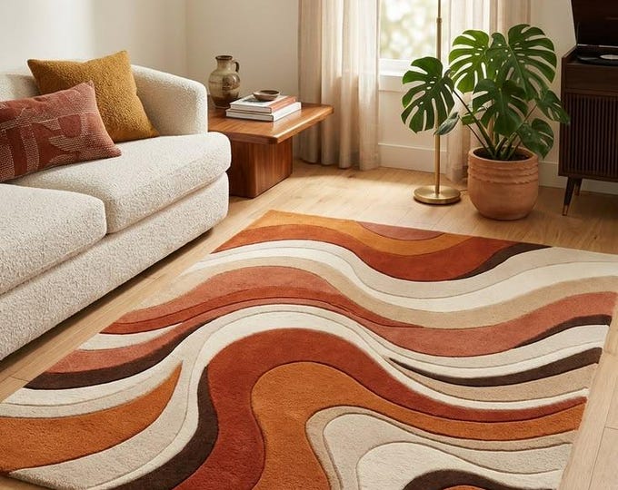 70s Retro Wavy Wool Rug – Burnt Orange Mustard Mid-Century Modern Carpet