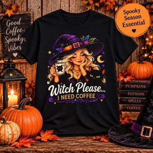 Witch Coffee Shirt, Black 100% Cotton Halloween Graphic Tee