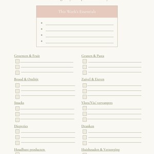 Könnte beinhalten: Eine cremefarbene Einkaufsliste mit dem Text "Soft Grocery List" und "Plan gently, Shop intentionally." Sie enthält Abschnitte für das Wesentliche, Obst, Getreide, Brot, Milchprodukte, Snacks, Tiefkühlkost, Fleisch, Getränke und Haushaltsprodukte.