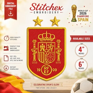 Motif de broderie Espagne 2 étoiles, champion du monde 2026, RFEF - 2 tailles