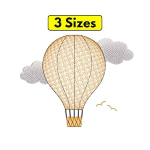 May include: An embroidered hot air balloon with a patterned design, two gray clouds, and three small birds. The text "3 Sizes" is in a yellow rectangle above the balloon.