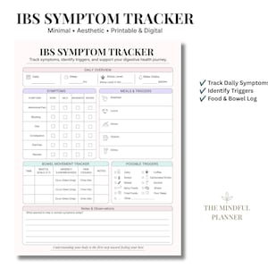 May include: A white IBS symptom tracker document with black text and pastel-colored headers. Sections include daily overview, symptoms, meals and triggers, bowel movement tracker, possible triggers, and notes. The text reads IBS SYMPTOM TRACKER.