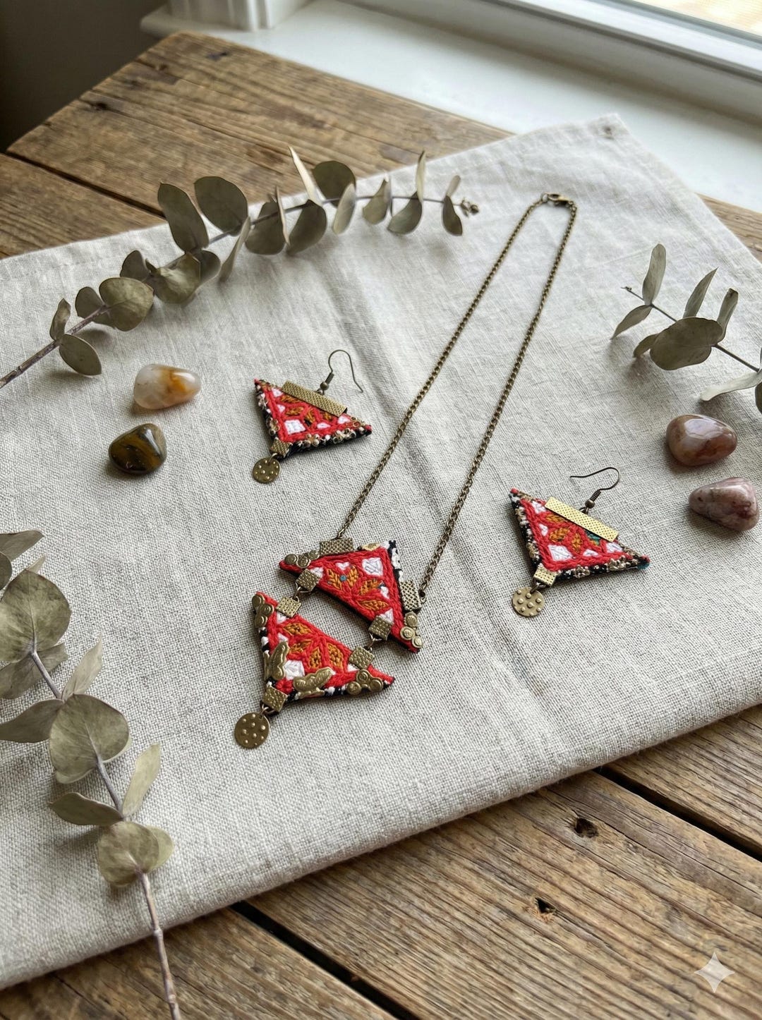Triangular Jewellery Coral Woven Triangle Jewelry Set – Statement Necklace Earrings, Tribal ...