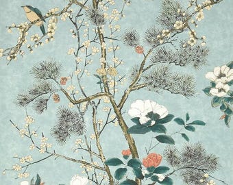 Thibaut KATSURA Wallpaper, Vintage Floral Wallpaper, Birds and Cherry Blossom Print, Floral Wall Covering, GRAND PALACE By Thibaut