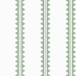 May include: A repeating pattern of vertical green lines with a white background. The green lines are composed of a series of small, connected triangles, creating a textured, zig-zag effect. The design is simple and symmetrical.