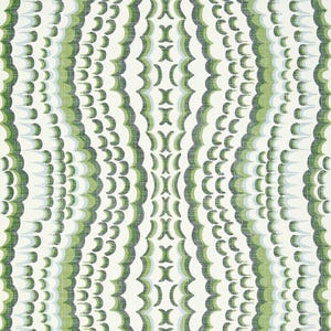 May include: A repeating pattern of vertical stripes with a scalloped design. The pattern features shades of green and blue-green on a cream background. The design has a textured appearance.