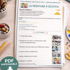 Könnte beinhalten: Ein druckbares PDF-Kunstprojekt für Jugendliche mit dem Titel "LA PEINTURE À SCOTCH". Das Dokument enthält Anweisungen für eine Malaktivität mit Klebeband zur Erstellung geometrischer Formen. Enthält eine Materialliste und Schritte.