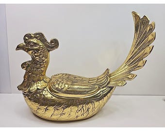 Vintage Large Ornate Brass Asian Pheasant Game Bird Covered Trinket Dish w/ Lid