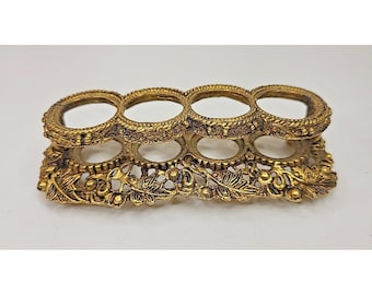 Vintage Vanity Dresser Lipstick 4 Tube Holder Gold Tone Metal Filigree Leaves