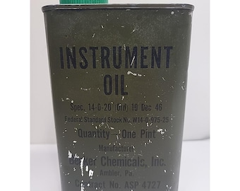 Lata de aceite para instrumentos Becker Chemicals vintage, vacía, de 1 pinta, estándar federal.