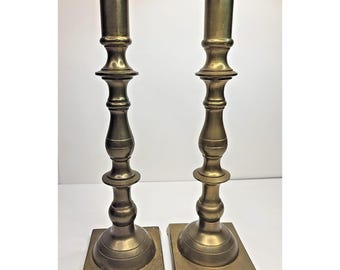 Pair 12" Solid Brass Decorative Candlesticks Square Base Hong Kong Vintage