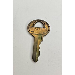 Può includere: Una chiave vintage in ottone con la parte superiore arrotondata e un gambo rettangolare. La chiave ha il numero "P216" stampato sulla parte superiore. La chiave è di colore dorato e sembra essere in metallo.