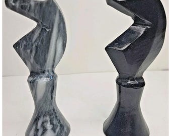 Set of 2 Marble & Onyx Hand Carved Knight Chess Pieces Vintage Stone 4.75"