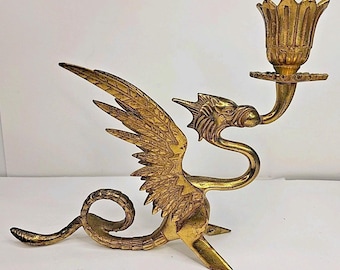 Vintage Gothic Brass Griffin Gryphon Dragon Candlestick Candle Holder
