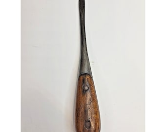 Vintage Steel Slotted Screwdriver, Wooden Handle, Patina Finish