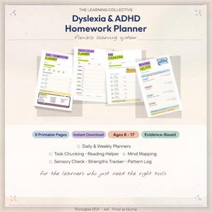 Könnte beinhalten: Ein druckbarer Hausaufgabenplaner für Legasthenie und ADHS mit einem flexiblen Lernsystem. Enthält Tages- und Wochenplaner, Aufgabenaufteilung und Lesefunktionsseiten. Geeignet für Kinder im Alter von 6-17 Jahren.