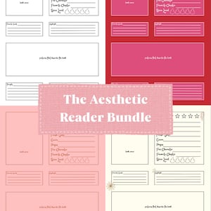 Könnte beinhalten: Das Aesthetic Reader Bundle, eine Sammlung von Buchbesprechungsvorlagen in Weiß, Rosa und Rot. Jede Vorlage enthält Abschnitte für Bewertung, Titel, Autor und mehr. Das Bundle ist für Bücherliebhaber konzipiert.