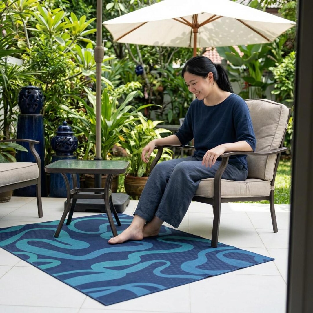 Abstract Outdoor Rug | Serpentine - Deep Current | Modern Navy Patio ...