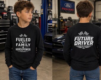 Fueled by Family & Horsepower Youth Long Sleeve Tee | Future Driver Racing Shirt
