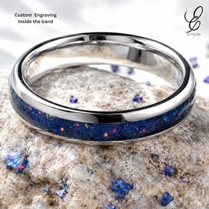 4mm Dark Blue Opal Tungsten Carbide Wedding Ring, Dome Band, Custom Engraving (Silver/Black)