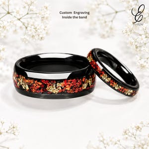 Red Opal Gold Foil Inlay, Black Tungsten Carbide Ring, Dome Wedding Band, Personalized Engraving
