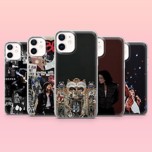 May include: Five phone cases showcasing images of Michael Jackson. The cases feature diverse designs, including black and white collages, portraits, and graphic art. Each case is encased in a clear protective cover.