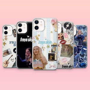 May include: Five phone cases with images of a blonde woman, musical instruments, and the text "freya skye". The cases have diverse designs, including stars, stripes, and collages, against a pink background.