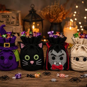 May include: Four crocheted drawstring bags designed as Halloween characters: a purple witch with a hat, a black cat with green eyes, a grey vampire with a red bowtie and cape, and a beige mummy wrapped in yarn, all filled with assorted candies.