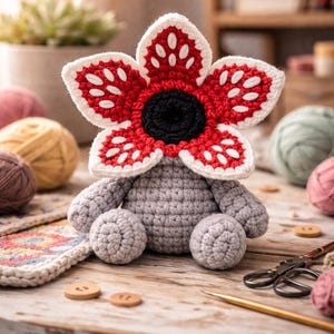 May include: A handmade crochet Demogorgon plush toy with a red and white flower-like head and grey body. The toy sits on a wooden surface with yarn and craft supplies in the background. The Demogorgon has a black centre.