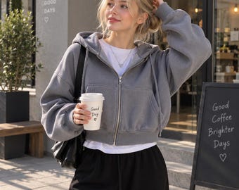Korte hoodie met rits voor dames, oversized fleece hoodie, streetwear sweatshirtjas, Y2K-esthetiek, warme jas voor de herfst en winter, ideaal cadeau