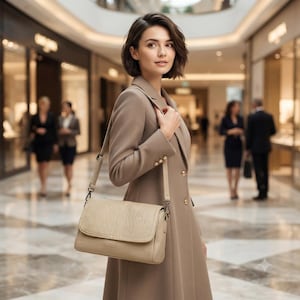 May include: A beige leather crossbody bag with a fold-over flap and adjustable shoulder strap, featuring a textured surface and metal hardware clips, worn with a matching beige long-sleeved coat that has a lapel collar and gold buttons.