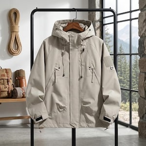 May include: A beige hooded jacket featuring a front zipper closure with a protective placket, two slanted chest pockets with zippers, adjustable drawstrings at the hood, and hook-and-loop fastener straps at the cuffs, displayed on a wooden hanger.
