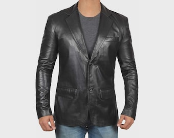 Echte lamsleren blazer heren, zachte zwarte jas met twee knopen