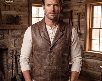 Brown Distressed Leather Vest Men Vintage Classic Button Up Waistcoat Vintage Biker Style
