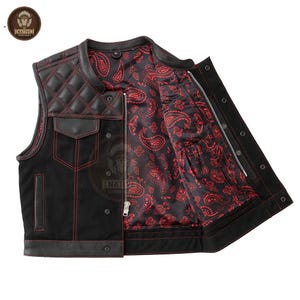 May include: Black leather vest with red stitching and a quilted shoulder design. The interior features a red paisley pattern. The vest has a zipper closure and two front pockets. The Native Leather logo is visible.