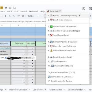 May include: Screenshot of a Google Sheets document titled "Etsy Master Template." The spreadsheet shows data entry fields and a menu labeled "Recruiter OS" with options like "Extract Candidate" and "Update Status."