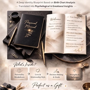 May include: The Personal Architecture Blueprint, a deep identity guide based on birth chart analysis. The image shows a black book titled "Personal Manual" and an open book with "Welcome" on the page. The guide is perfect as a gift for birthdays, anniversaries, and engagements.